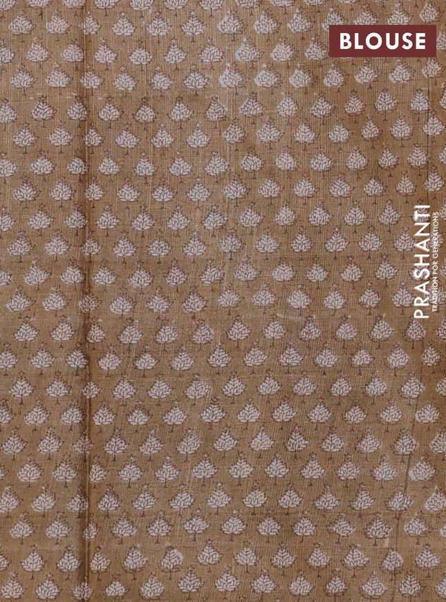 Pure tussar silk saree green and beige with allover zari checked pattern and printed border