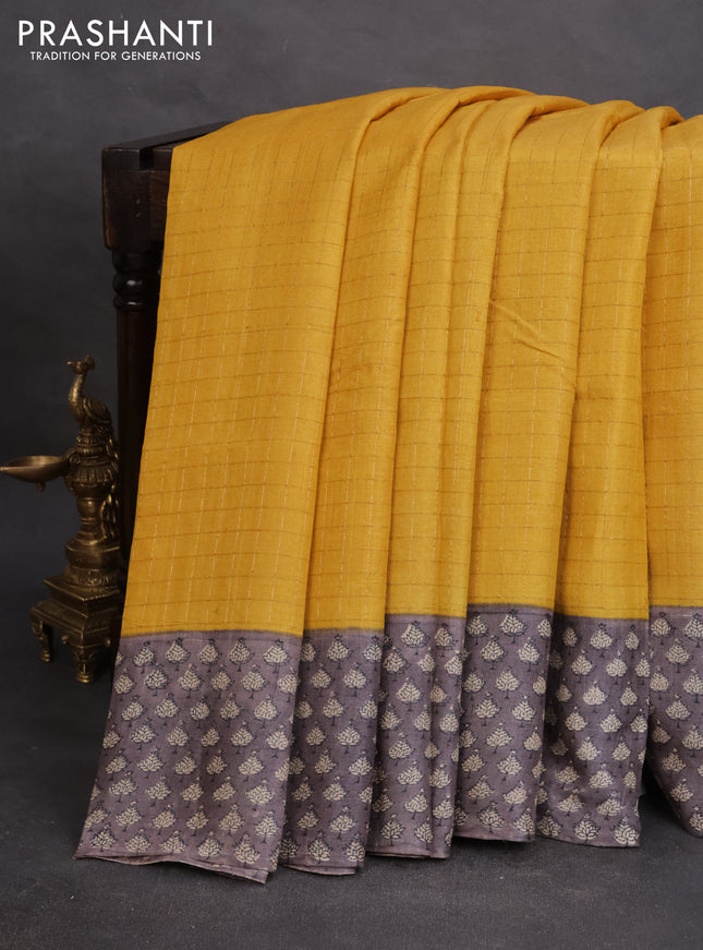 Pure tussar silk saree yellow and grey with allover zari checked pattern and printed border