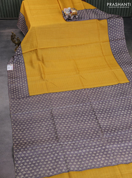 Pure tussar silk saree yellow and grey with allover zari checked pattern and printed border