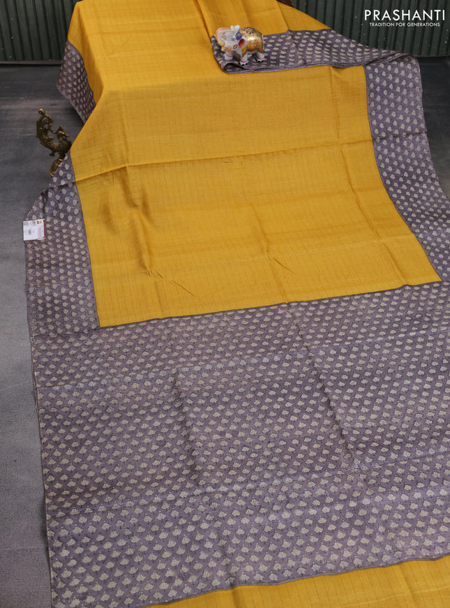 Pure tussar silk saree yellow and grey with allover zari checked pattern and printed border
