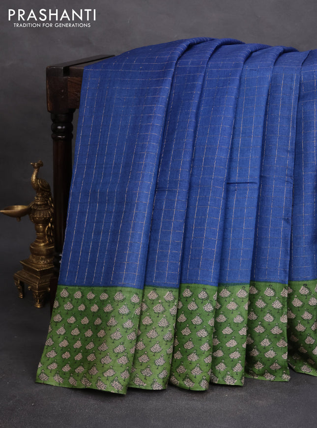 Pure tussar silk saree blue and green with allover zari checked pattern and printed border