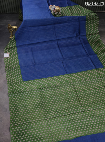 Pure tussar silk saree blue and green with allover zari checked pattern and printed border