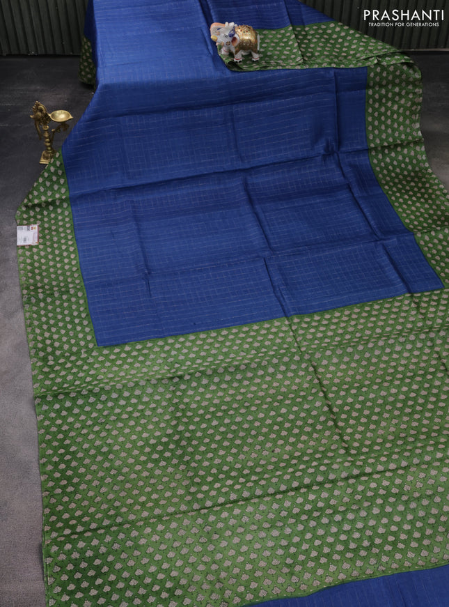 Pure tussar silk saree blue and green with allover zari checked pattern and printed border