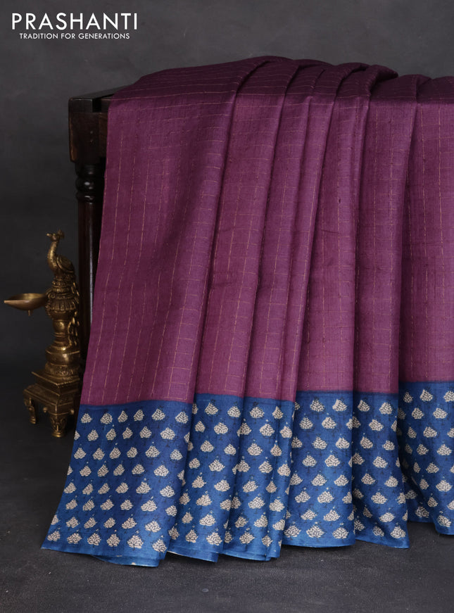 Pure tussar silk saree purple and blue with allover zari checked pattern and printed border