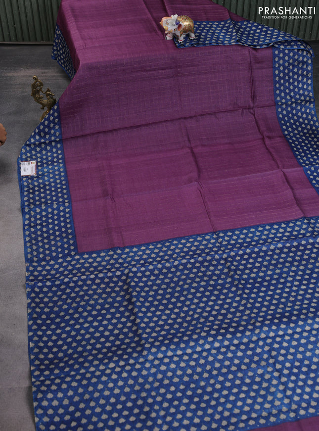 Pure tussar silk saree purple and blue with allover zari checked pattern and printed border