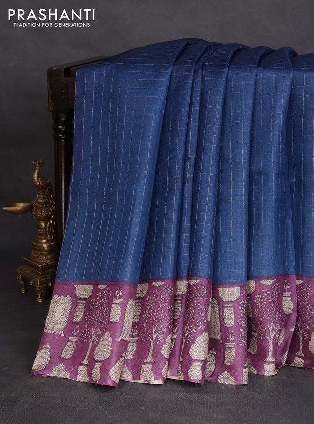 Pure tussar silk saree blue and purple with allover zari checked pattern and printed border