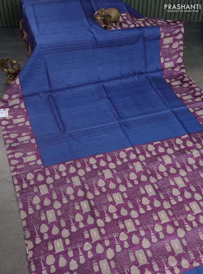 Pure tussar silk saree blue and purple with allover zari checked pattern and printed border