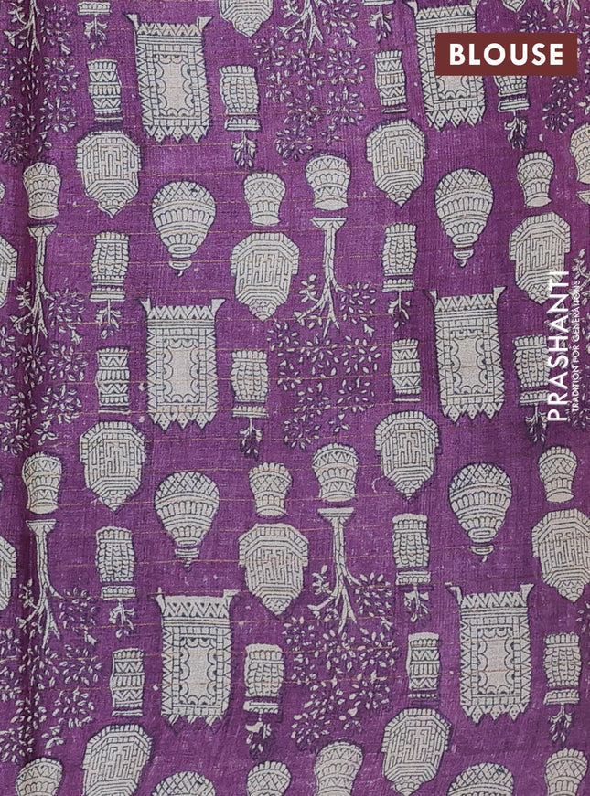 Pure tussar silk saree blue and purple with allover zari checked pattern and printed border