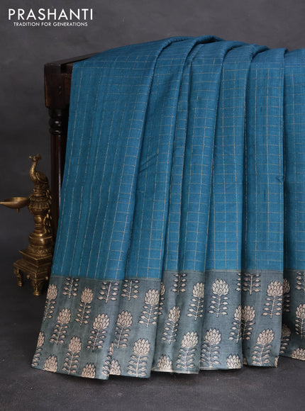 Pure tussar silk saree cs blue and grey with allover zari checked pattern and floral printed border
