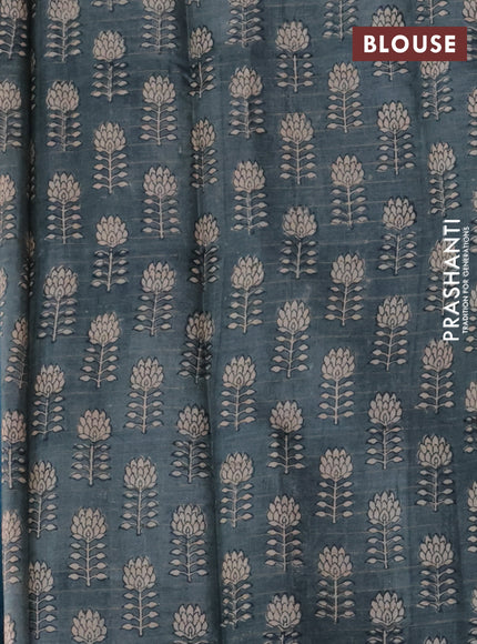 Pure tussar silk saree cs blue and grey with allover zari checked pattern and floral printed border