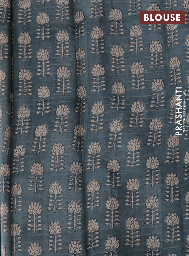 Pure tussar silk saree cs blue and grey with allover zari checked pattern and floral printed border