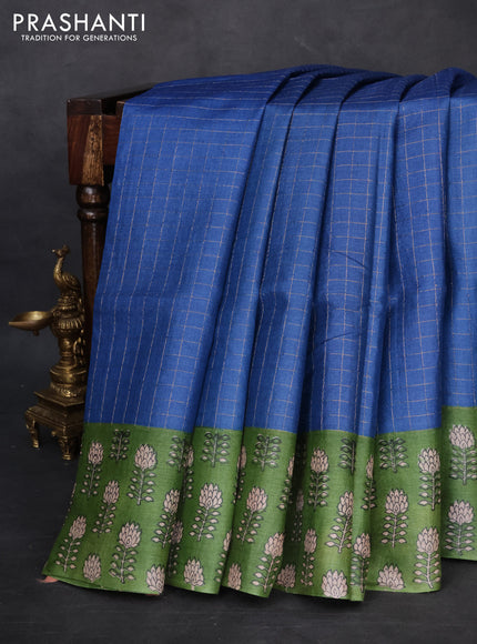 Pure tussar silk saree blue and green with allover zari checked pattern and floral printed border
