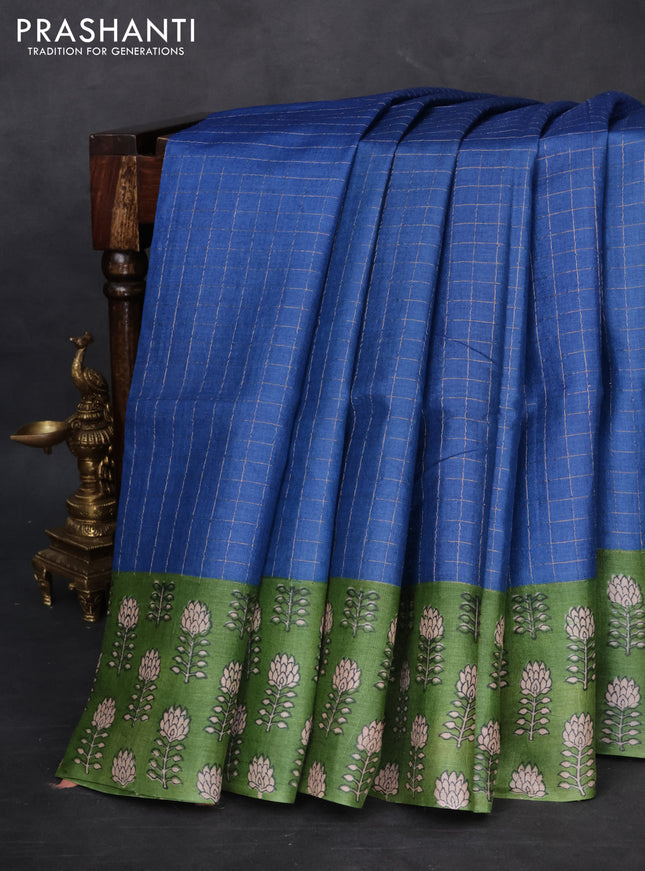 Pure tussar silk saree blue and green with allover zari checked pattern and floral printed border