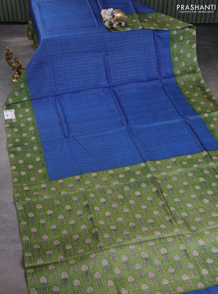 Pure tussar silk saree blue and green with allover zari checked pattern and floral printed border