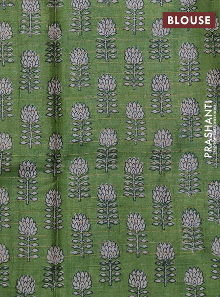 Pure tussar silk saree blue and green with allover zari checked pattern and floral printed border