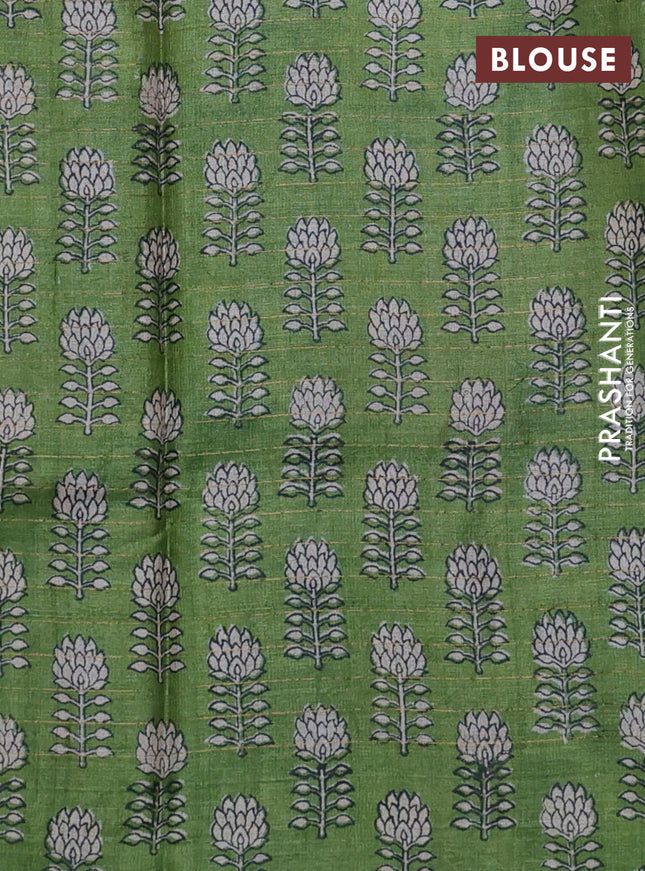 Pure tussar silk saree blue and green with allover zari checked pattern and floral printed border