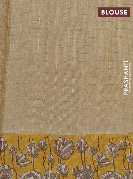 Pure tussar silk saree beige and yellow with allover zari checked pattern and kalamkari printed border