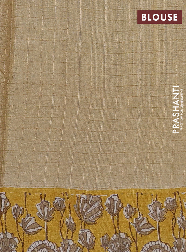 Pure tussar silk saree beige and yellow with allover zari checked pattern and kalamkari printed border