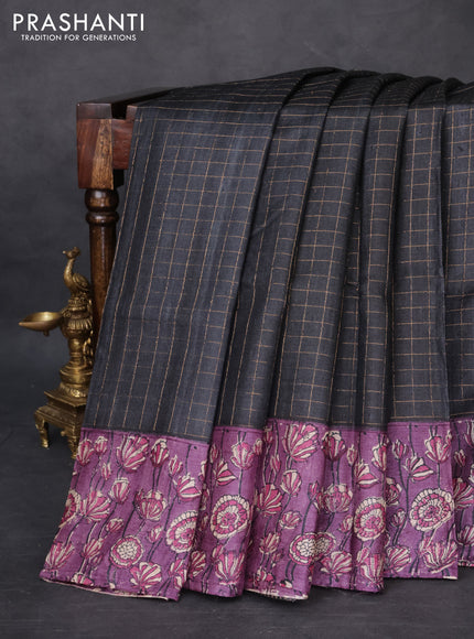 Pure tussar silk saree black and violet with allover zari checked pattern and kalamkari printed border
