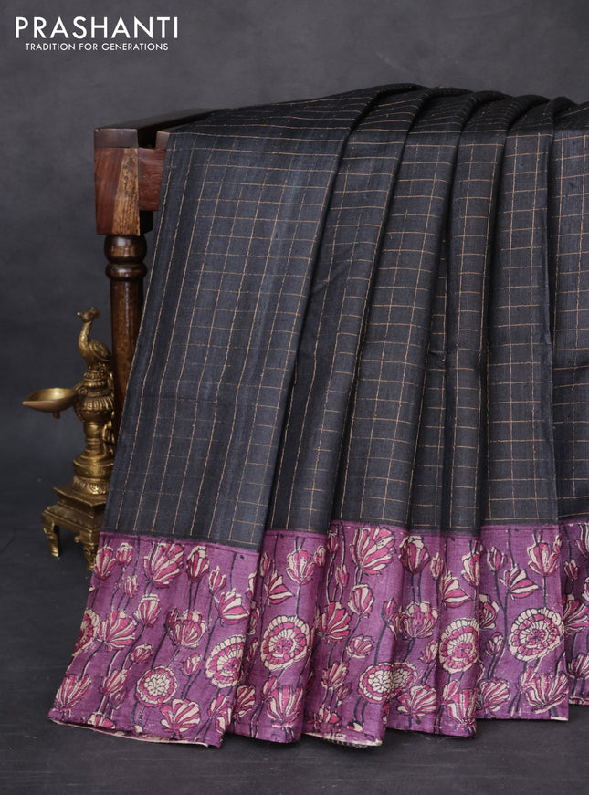 Pure tussar silk saree black and violet with allover zari checked pattern and kalamkari printed border