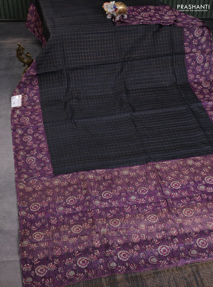 Pure tussar silk saree black and violet with allover zari checked pattern and kalamkari printed border