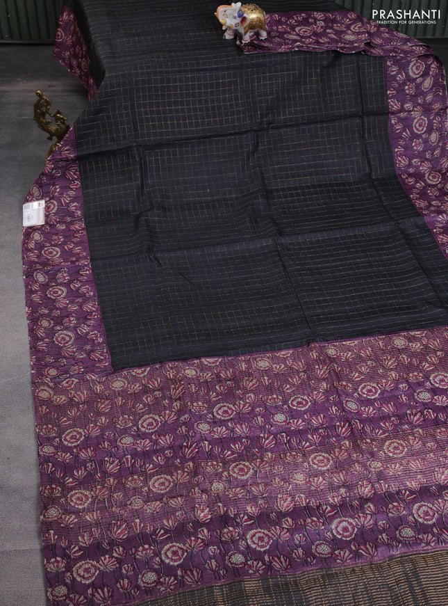 Pure tussar silk saree black and violet with allover zari checked pattern and kalamkari printed border