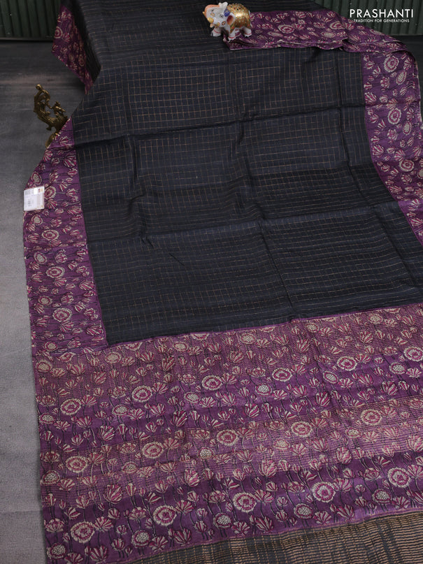 Pure tussar silk saree black and violet with allover zari checked pattern and kalamkari printed border