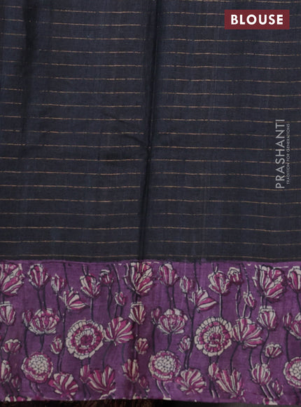 Pure tussar silk saree black and violet with allover zari checked pattern and kalamkari printed border