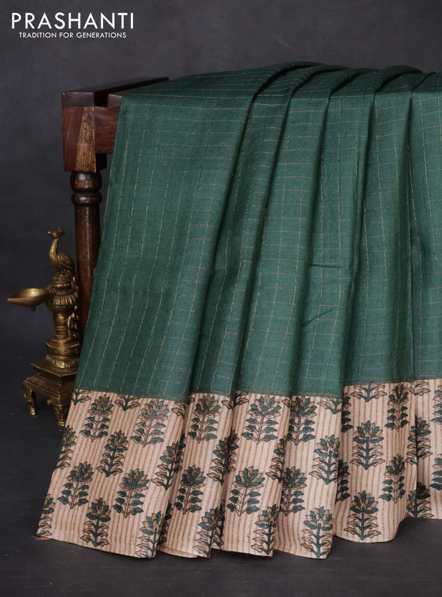 Pure tussar silk saree dark green and beige with allover zari checked pattern and floral printed border