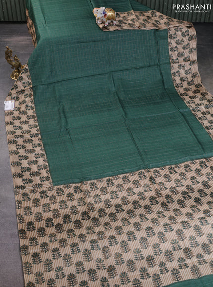 Pure tussar silk saree dark green and beige with allover zari checked pattern and floral printed border