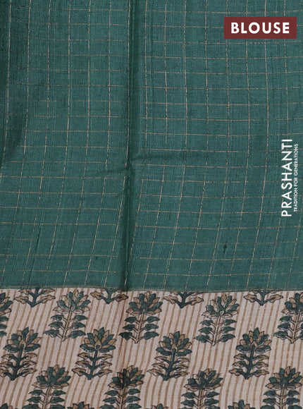 Pure tussar silk saree dark green and beige with allover zari checked pattern and floral printed border