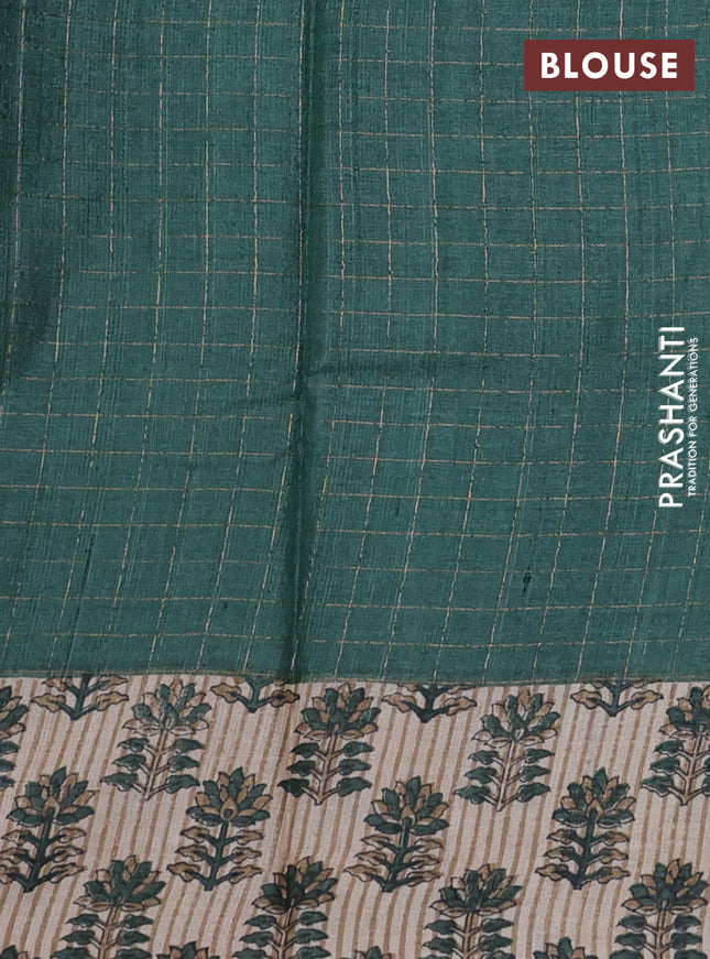 Pure tussar silk saree dark green and beige with allover zari checked pattern and floral printed border