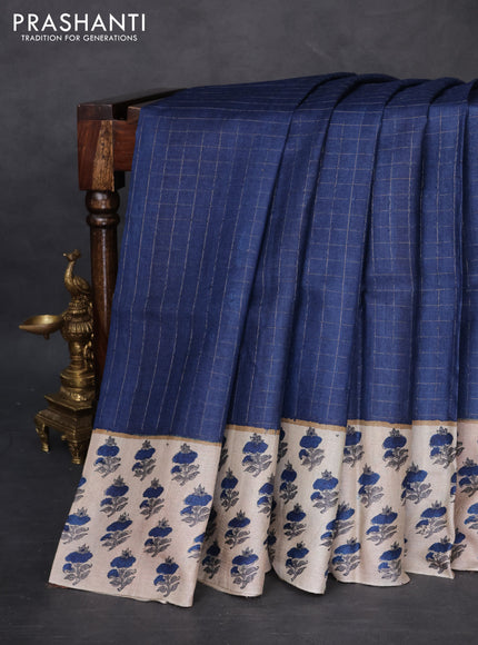 Pure tussar silk saree navy blue and beige with allover zari checked pattern and floral printed butta border