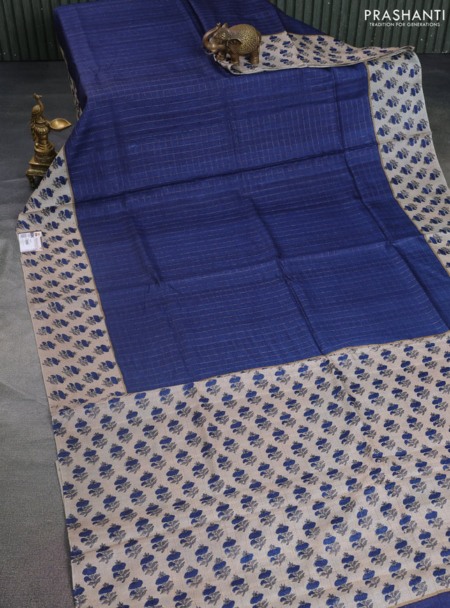 Pure tussar silk saree navy blue and beige with allover zari checked pattern and floral printed butta border