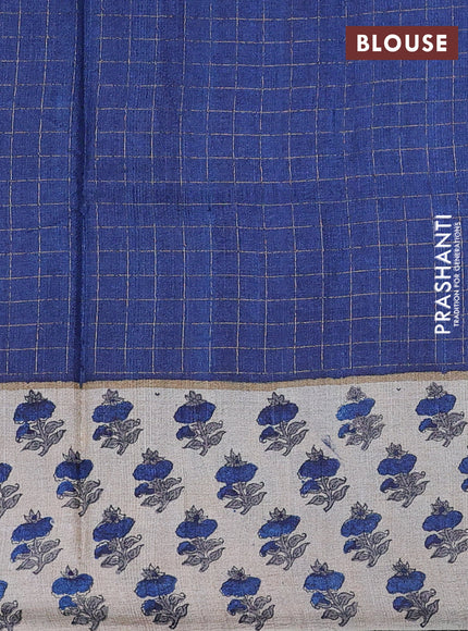 Pure tussar silk saree navy blue and beige with allover zari checked pattern and floral printed butta border