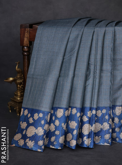 Pure tussar silk saree grey and blue with allover zari checked pattern and floral printed border