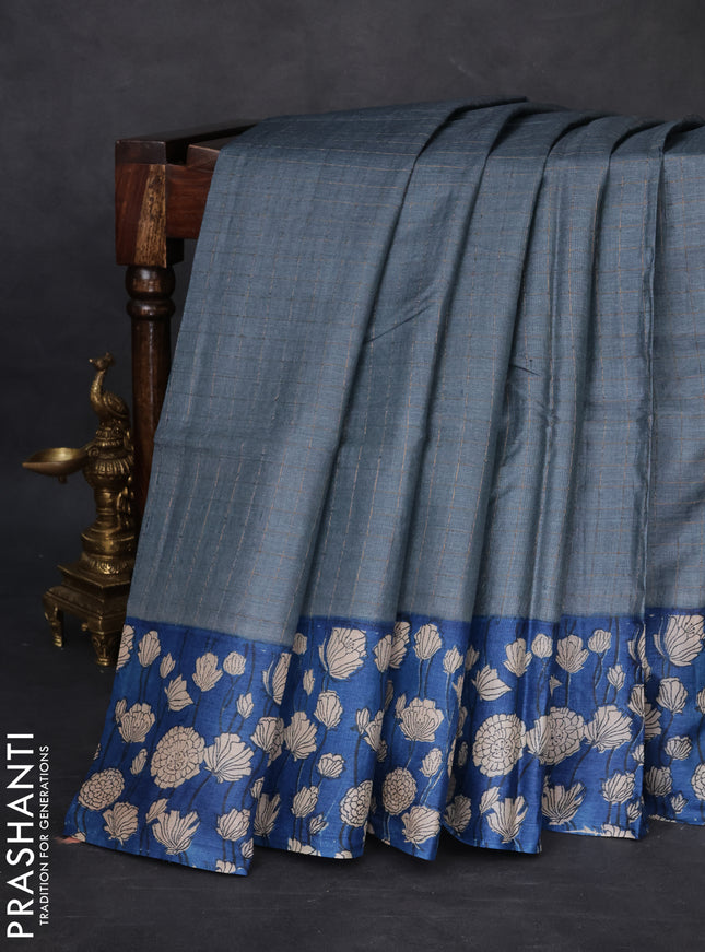 Pure tussar silk saree grey and blue with allover zari checked pattern and floral printed border