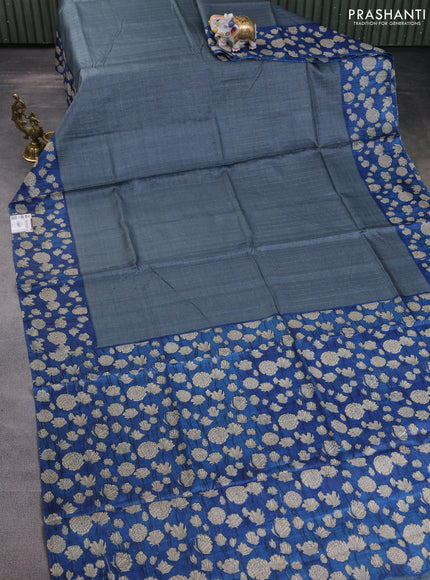 Pure tussar silk saree grey and blue with allover zari checked pattern and floral printed border
