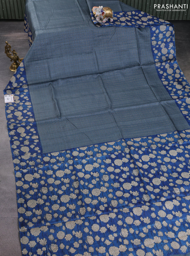 Pure tussar silk saree grey and blue with allover zari checked pattern and floral printed border