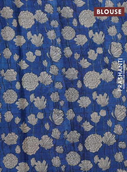 Pure tussar silk saree grey and blue with allover zari checked pattern and floral printed border