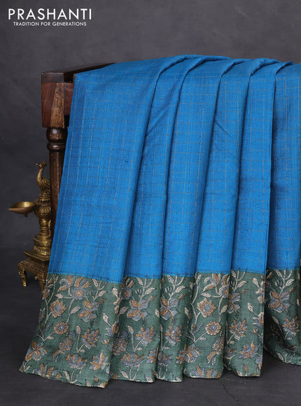 Pure tussar silk saree cs blue and sap green with allover zari checked pattern and kalamkari printed border