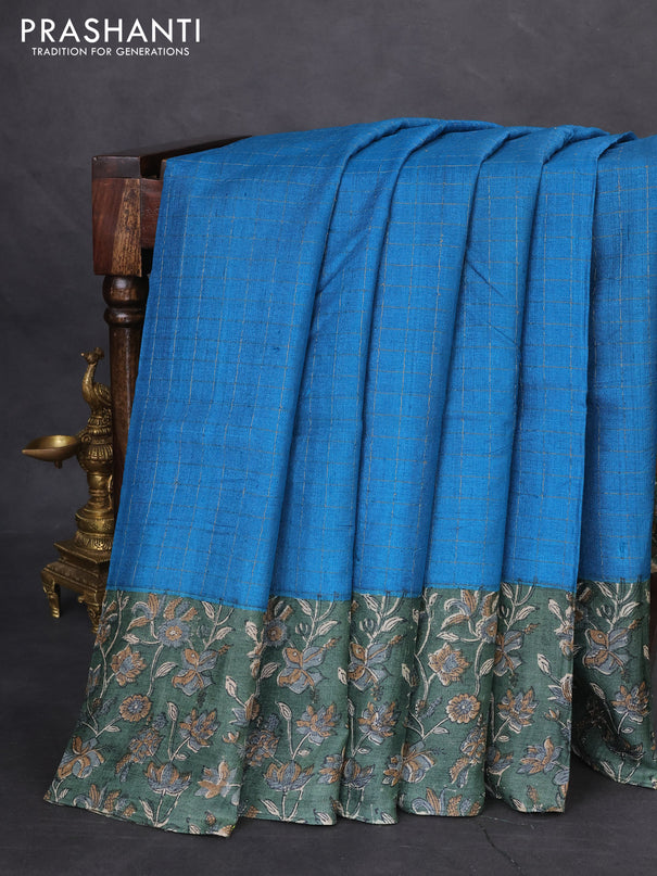 Pure tussar silk saree cs blue and sap green with allover zari checked pattern and kalamkari printed border