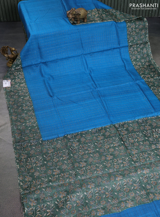 Pure tussar silk saree cs blue and sap green with allover zari checked pattern and kalamkari printed border