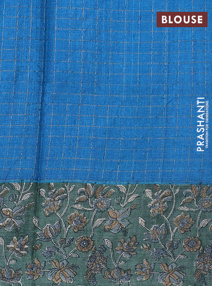 Pure tussar silk saree cs blue and sap green with allover zari checked pattern and kalamkari printed border