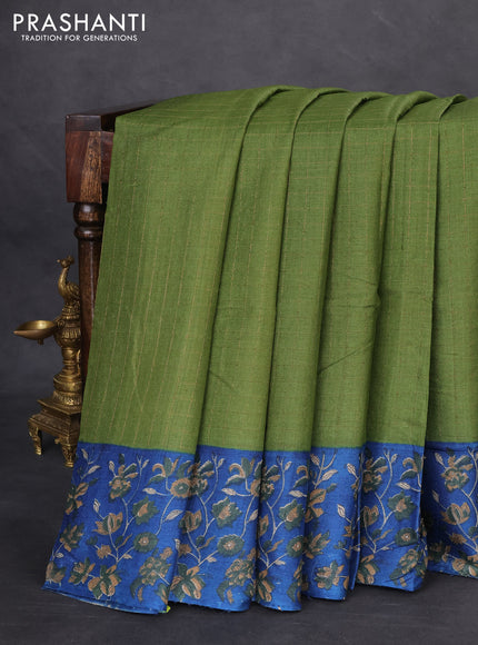 Pure tussar silk saree sap green and blue with allover zari checked pattern and kalamkari printed border