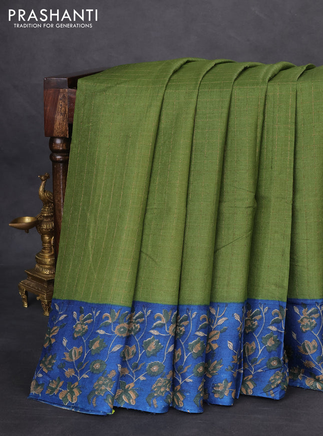 Pure tussar silk saree sap green and blue with allover zari checked pattern and kalamkari printed border