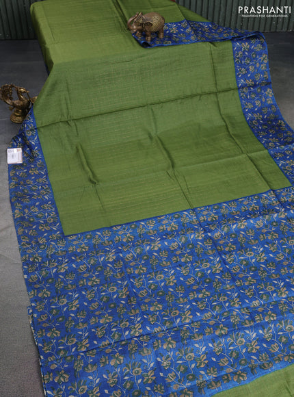 Pure tussar silk saree sap green and blue with allover zari checked pattern and kalamkari printed border