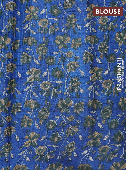 Pure tussar silk saree sap green and blue with allover zari checked pattern and kalamkari printed border