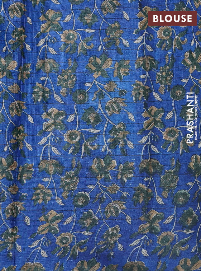 Pure tussar silk saree sap green and blue with allover zari checked pattern and kalamkari printed border