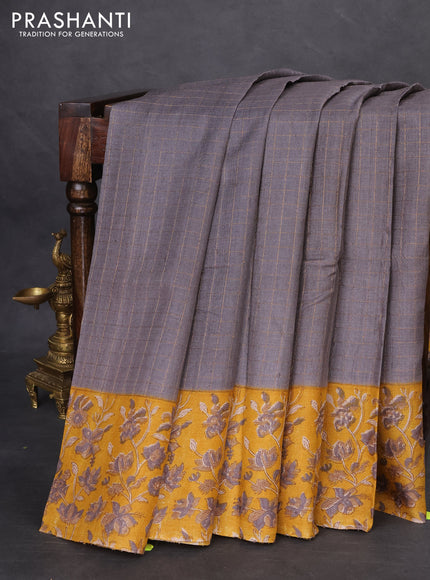 Pure tussar silk saree grey and mustard yellow with allover zari checked pattern and kalamkari printed border